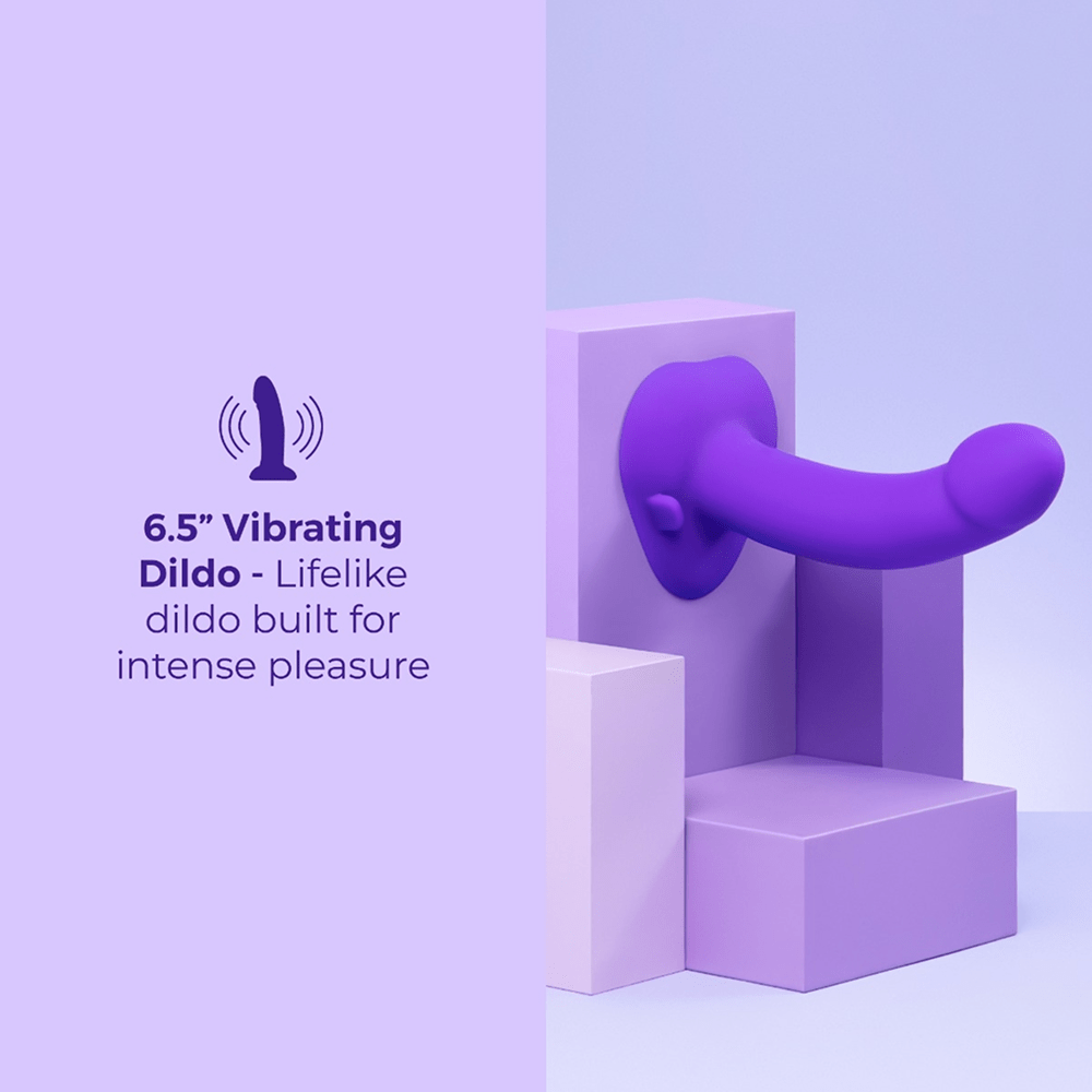 B-Vibe Vibrating Curved Strap-On Dildo Kit showing 6.5" curved purple dildo on a purple studio background