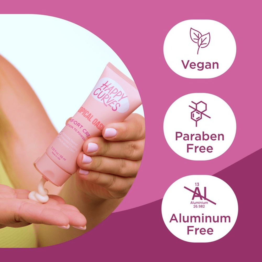 Hand applying cream from a Happy Curves Comfort Cream tube with product features on a pink background: vegan, paraben-free, aluminum-free