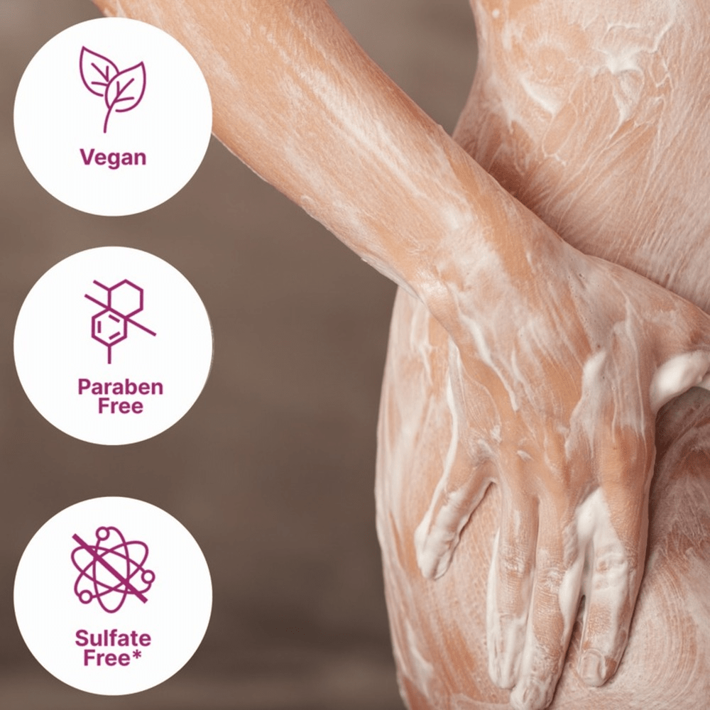 Close-up of hands with lathered soap, featuring vegan, paraben-free, and sulfate-free icons