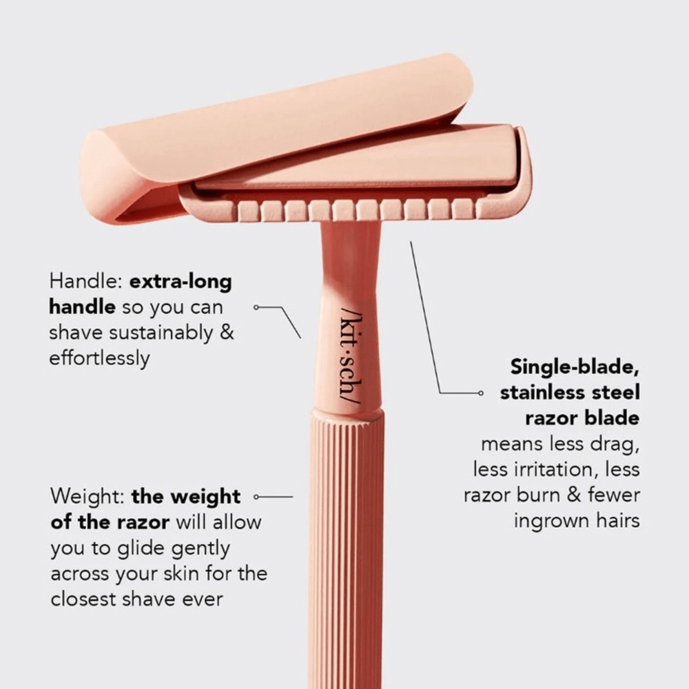 Rose gold Kitsch razor with text highlighting features on a light gray background: extra-long handle, single-blade stainless steel razor blade, and balanced weight for gentle glide and a close shave