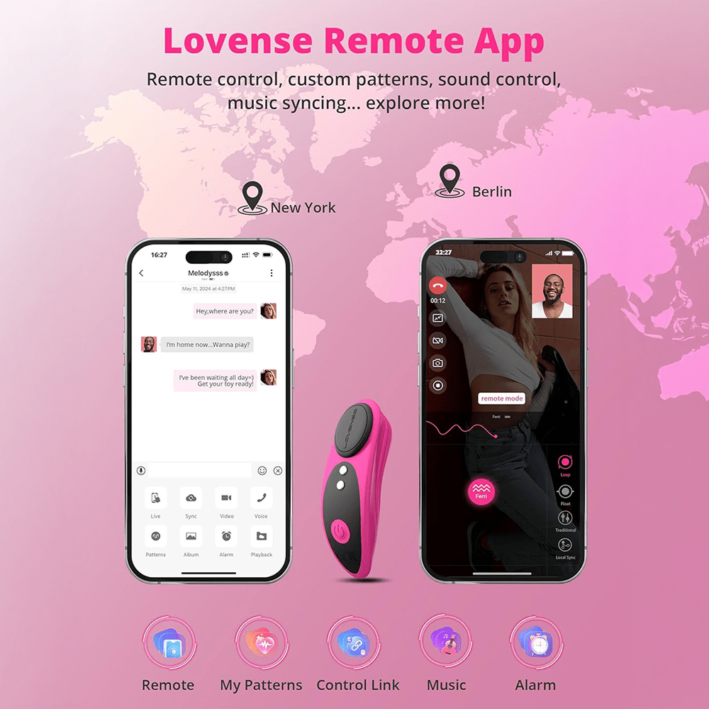 Lovense Ferri app-connected magnetic vibrating panty vibrator with smartphone screens featuring Lovense Remote app and app features