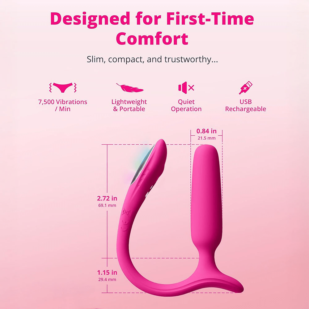 Lovense Lush Anal app-controlled butt plug with product dimensions/measurements, features, and text: "Designed for first-time comfort; slim, compact, and trustworthy. 7500 vibrations per minute. Lightweight and portable. Quiet operation. USB rechargeable."