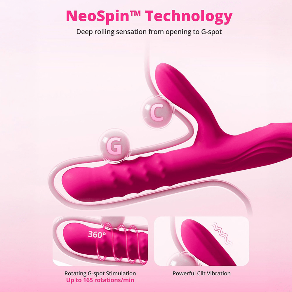 Lovense Velvo app-controlled thrusting rabbit vibrator highlighting NeoSpin Technology with deep rolling vibration from opening to G-spot. Rotation G-spot stimulation with up to 165 rotations per minute and powerful clit vibration