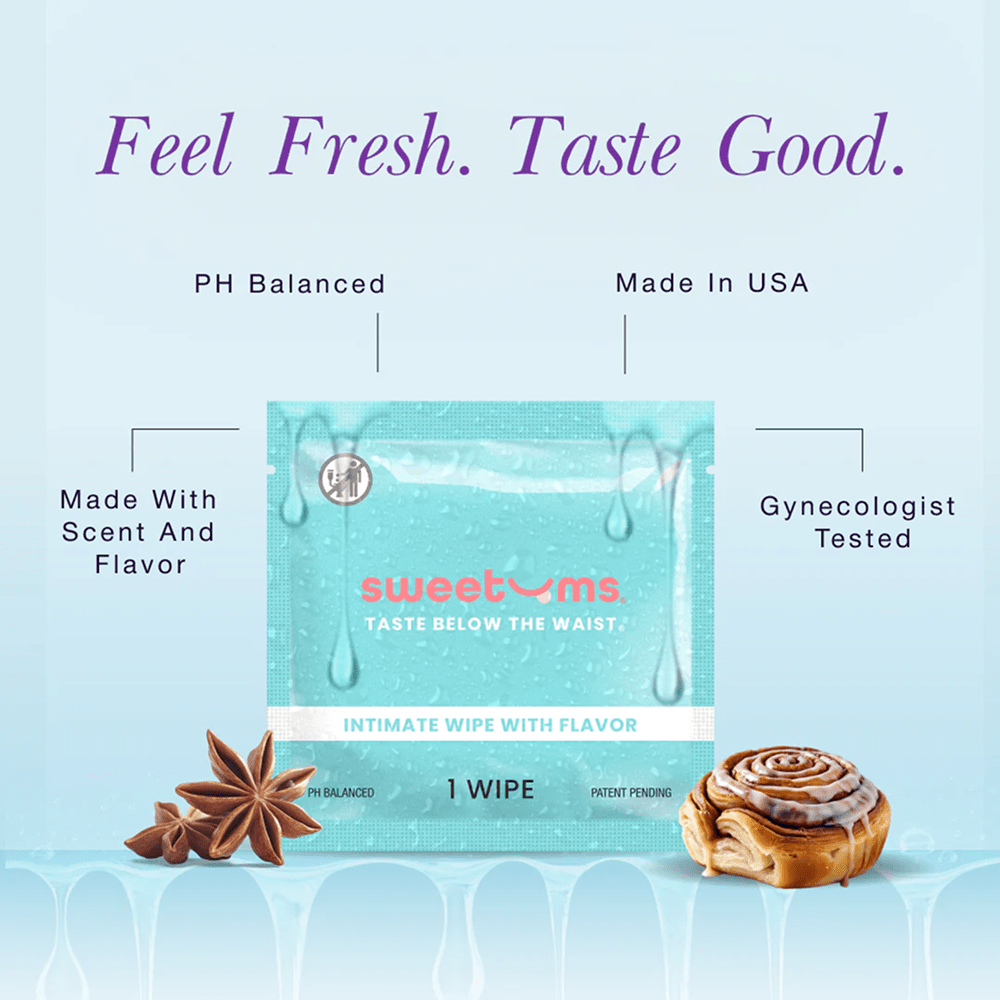 Sweetums intimate wipes packaging with product details on a light blue background: "Feel fresh. Taste good. Made with scent and flavor; pH balanced; made in USA; gynecologist tested"