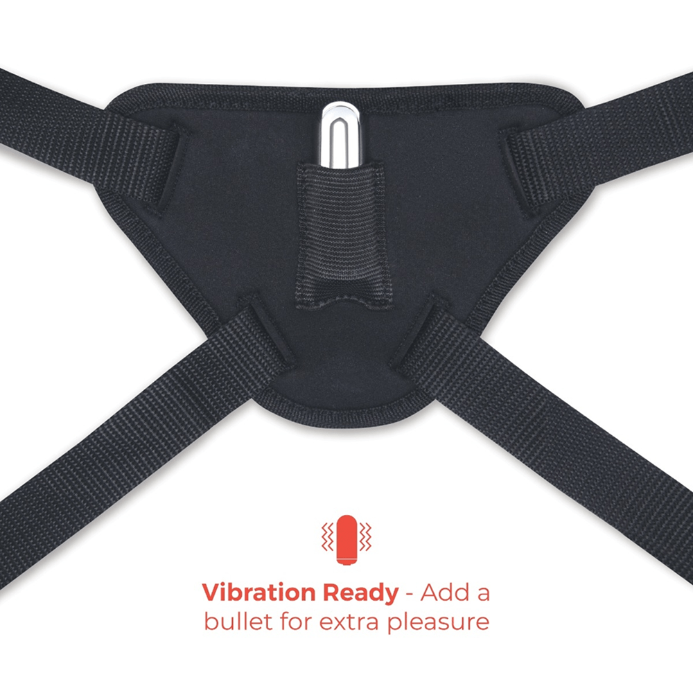 B-Vibe Beginners Strap-On Harness Set featuring vibration readiness: strap-on harness on a white background with a silver bullet vibrator and red text