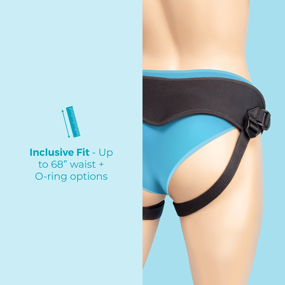 B-Vibe Every Body Strap-On Dildo Harness Set with text that reads "includive fit: up to 68" waist and O-ring options"