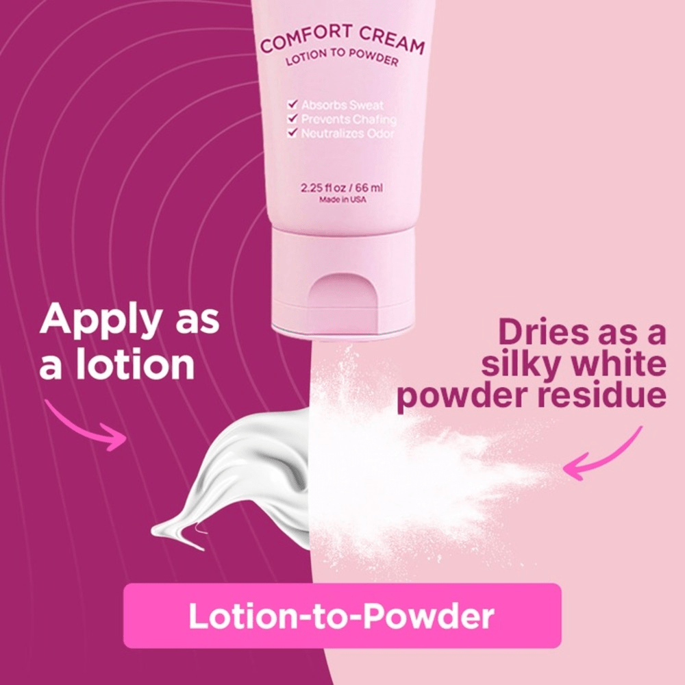 Happy Curves Comfort Cream features: lotion-to-powder product with application instructions on a pink and purple background