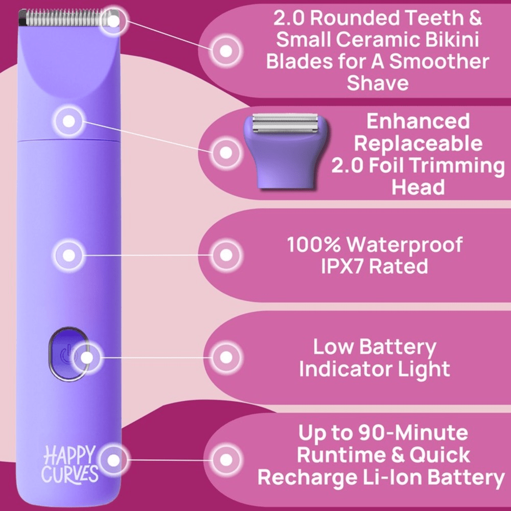 Happy Curves Smoothie 2.0 body hair trimmer for women with text features on a raspberry colored background: "2.0 rounded teeth and small ceramic bikini blades for a smoother shave. Enhanced replaceable 2.0 foil trimming head. 100% waterproof IPX7 rated. Low battery indicator light. Up to 90-minute runtime and quick recharge li-ion battery"