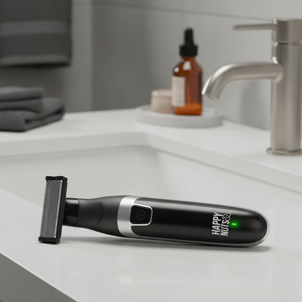 Happy Nuts Ballber male intimate grooming tool on a white bathroom counter with a sink in the background