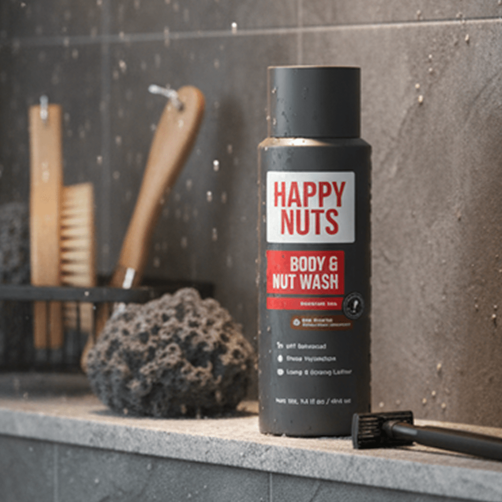 Happy Nuts body wash bottle on a bathroom shelf with grooming tools