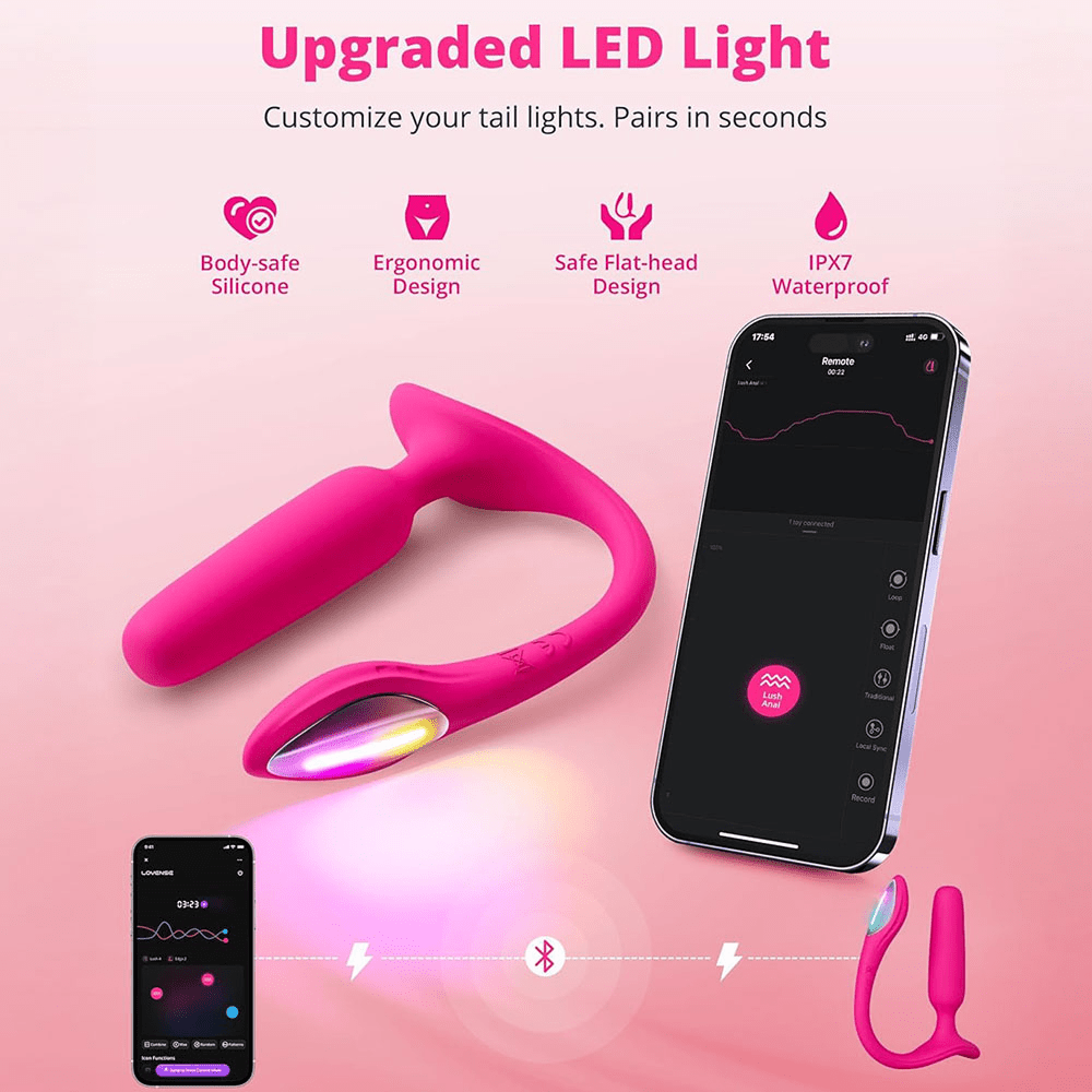 Lovense Lush Anal app-controlled butt plug with smartphone and Lovense Remote App screens under icons showing product features: body-safe silicone, ergonomic design, safe flat-head design, IPX7 waterproof