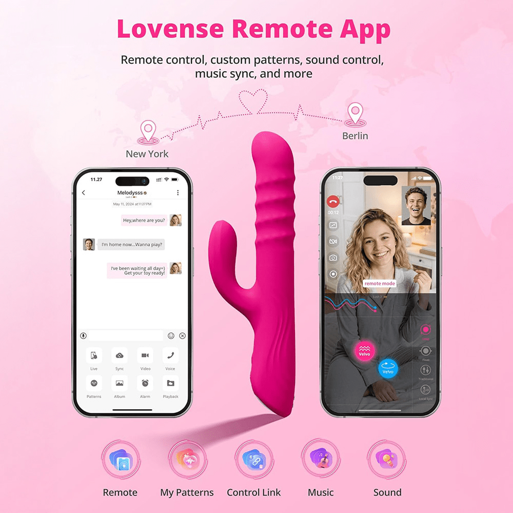 Lovense Velvo app-controlled thrusting rabbit vibrator with smartphone screens showing Lovense Remote App and its features