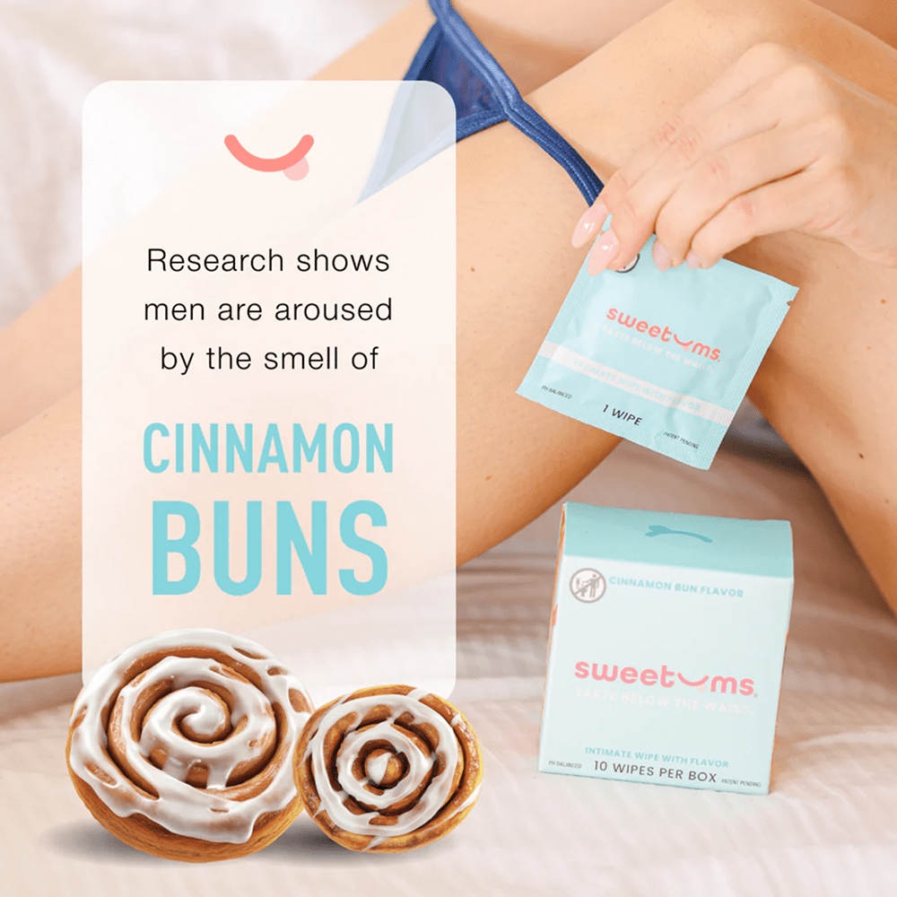 Sweetums cinnamon bun-scented wipes packaging with text that reads "Research shows men are aroused by the smell of cinnamon buns"