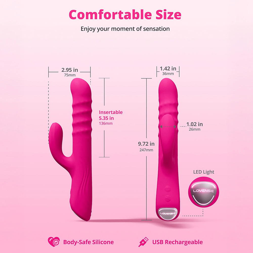 Lovense Velvo app-controlled thrusting rabbit vibrator with dimensions/measurements. Body-safe silicone, USVB rechargeable