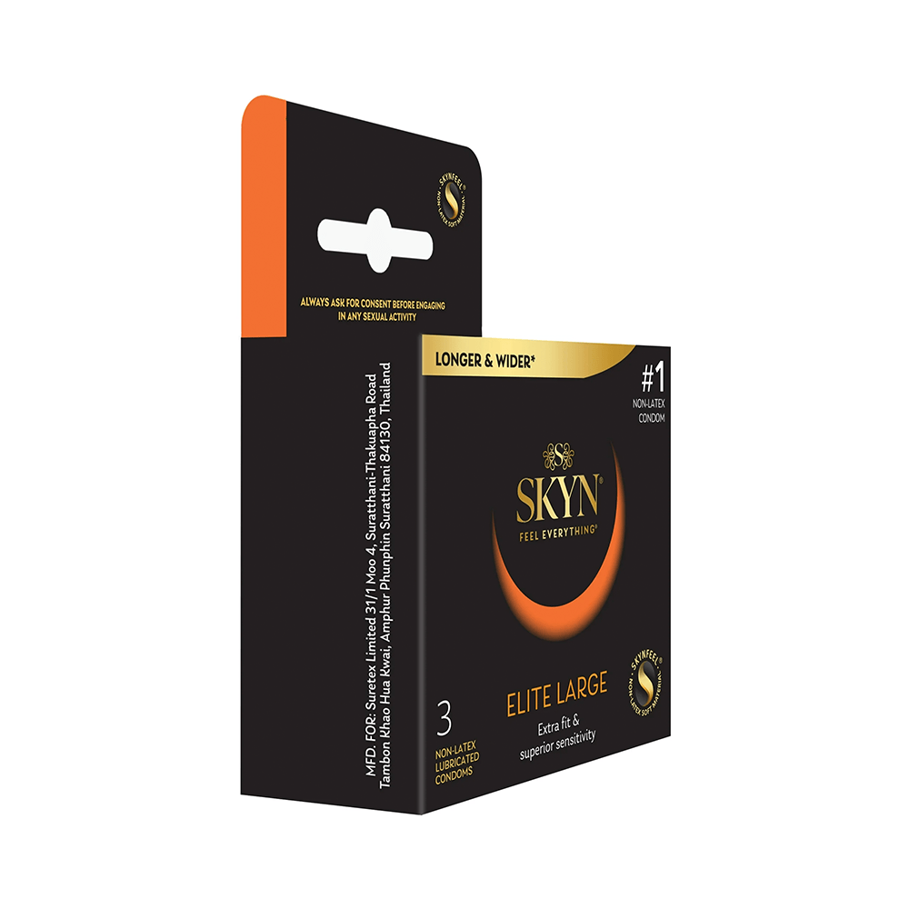 Skyn Elite Large Condoms 3pk packaging (angled front)