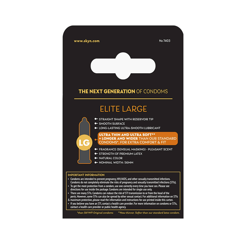 Skyn Elite Large Condoms 3pk packaging (back)