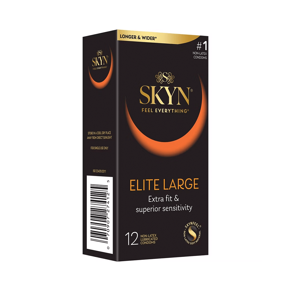 Skyn Elite Large Condoms 12pk packaging (angled front)