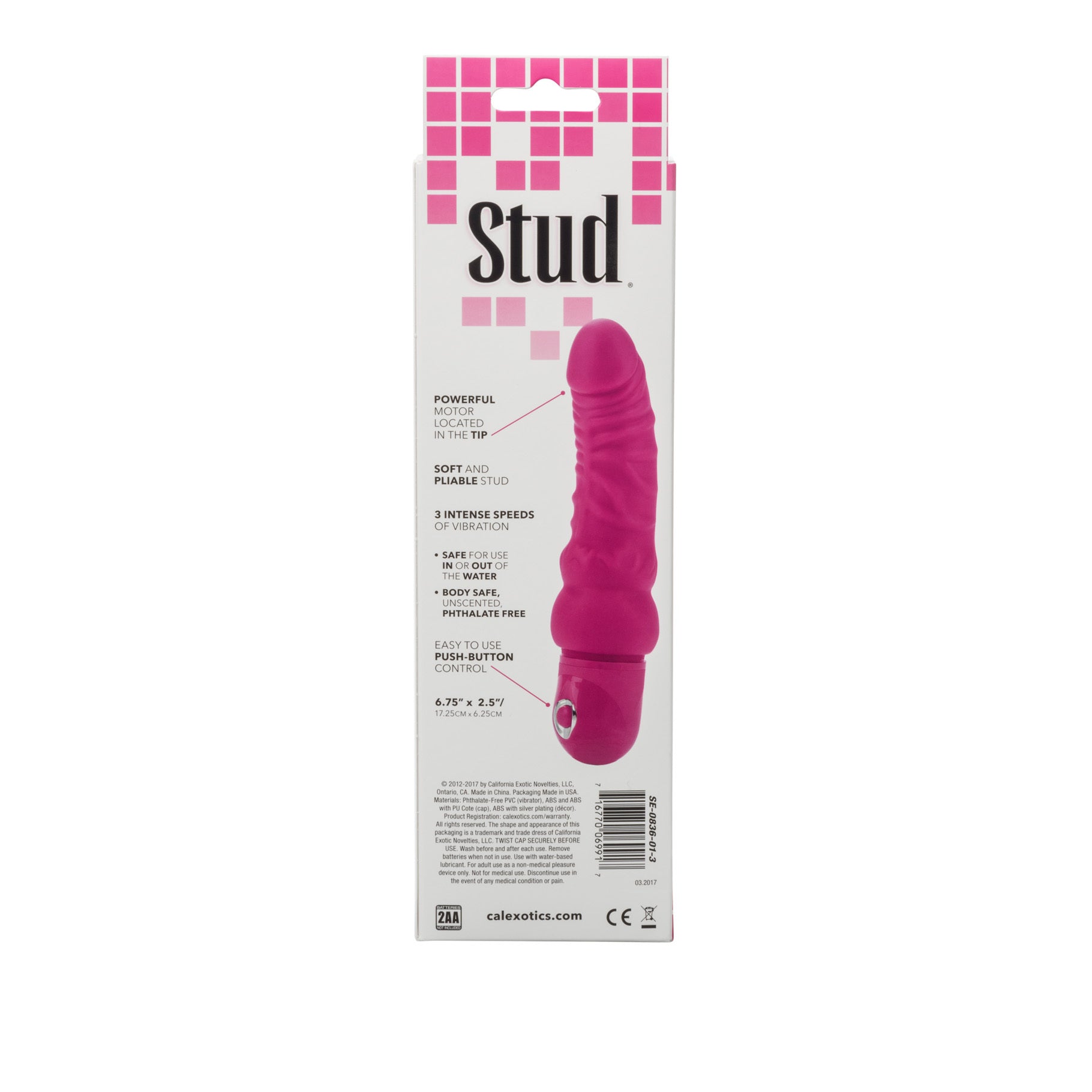 Power Stud Curvy (Pink) Vibrating Dildo back of box