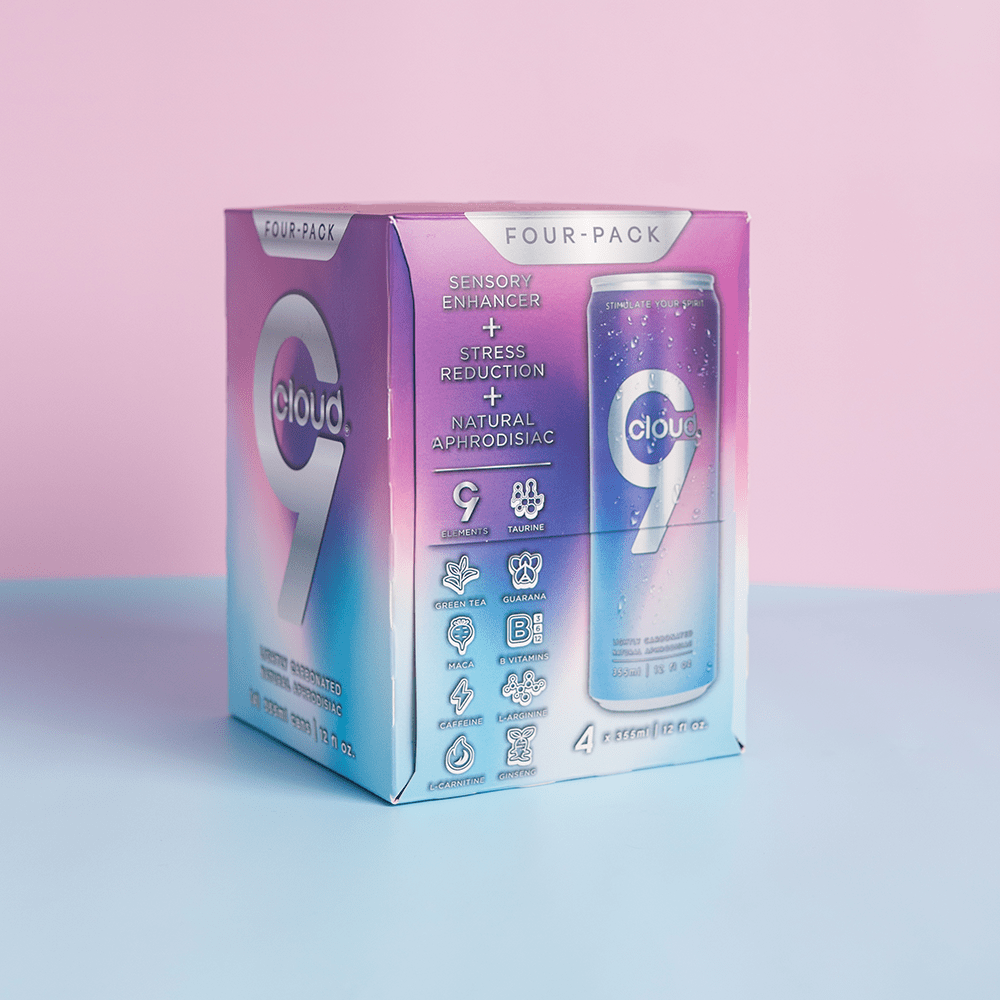 Cloud 9 Aphrodisiac Drink 4-Pack box in a studio environment with soft lighting and a light purple background