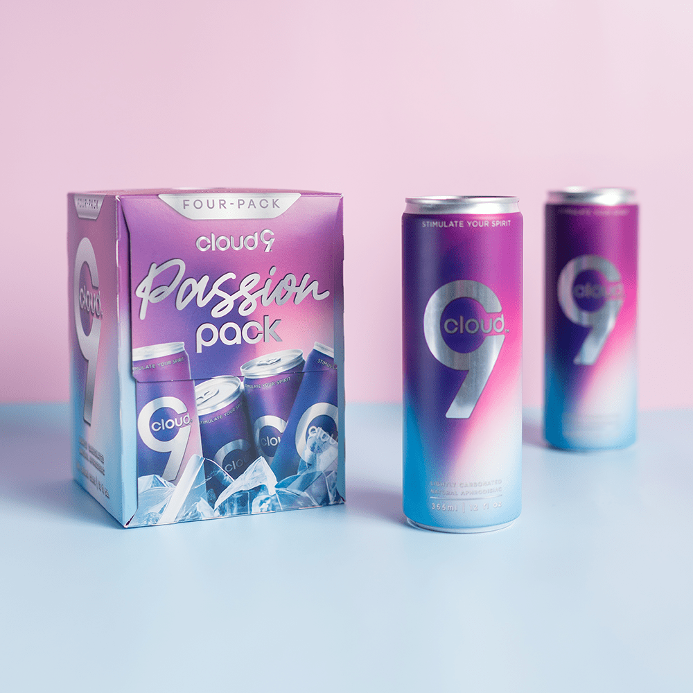 Cloud 9 Aphrodisiac Drink packaging with a four-pack box and two cans on a light pink background