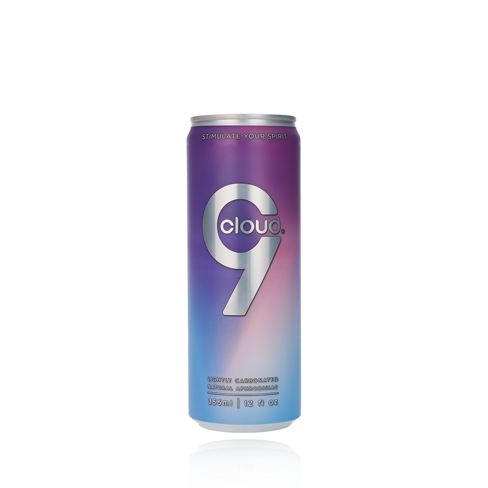 Cloud 9 Aphrodisiac Drink can with reflection on a blank background