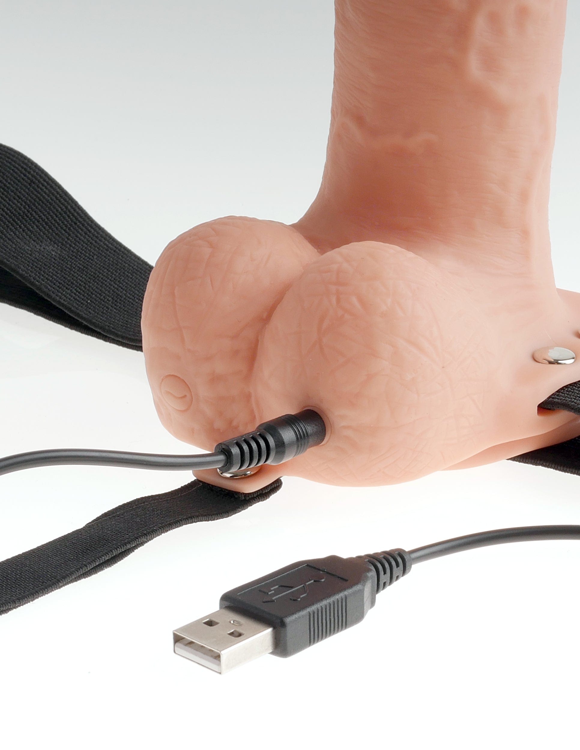 7" RECHARGEABLE HOLLOW STRAP-ON W/ BALLS - FLESH