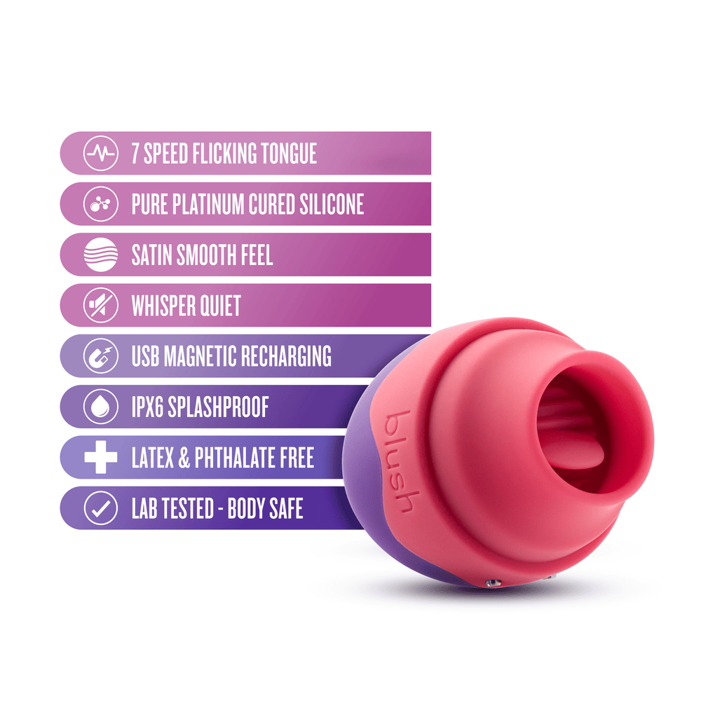 Blush Aria Flutter Tongue (purple) egg vibrator with icons and key features