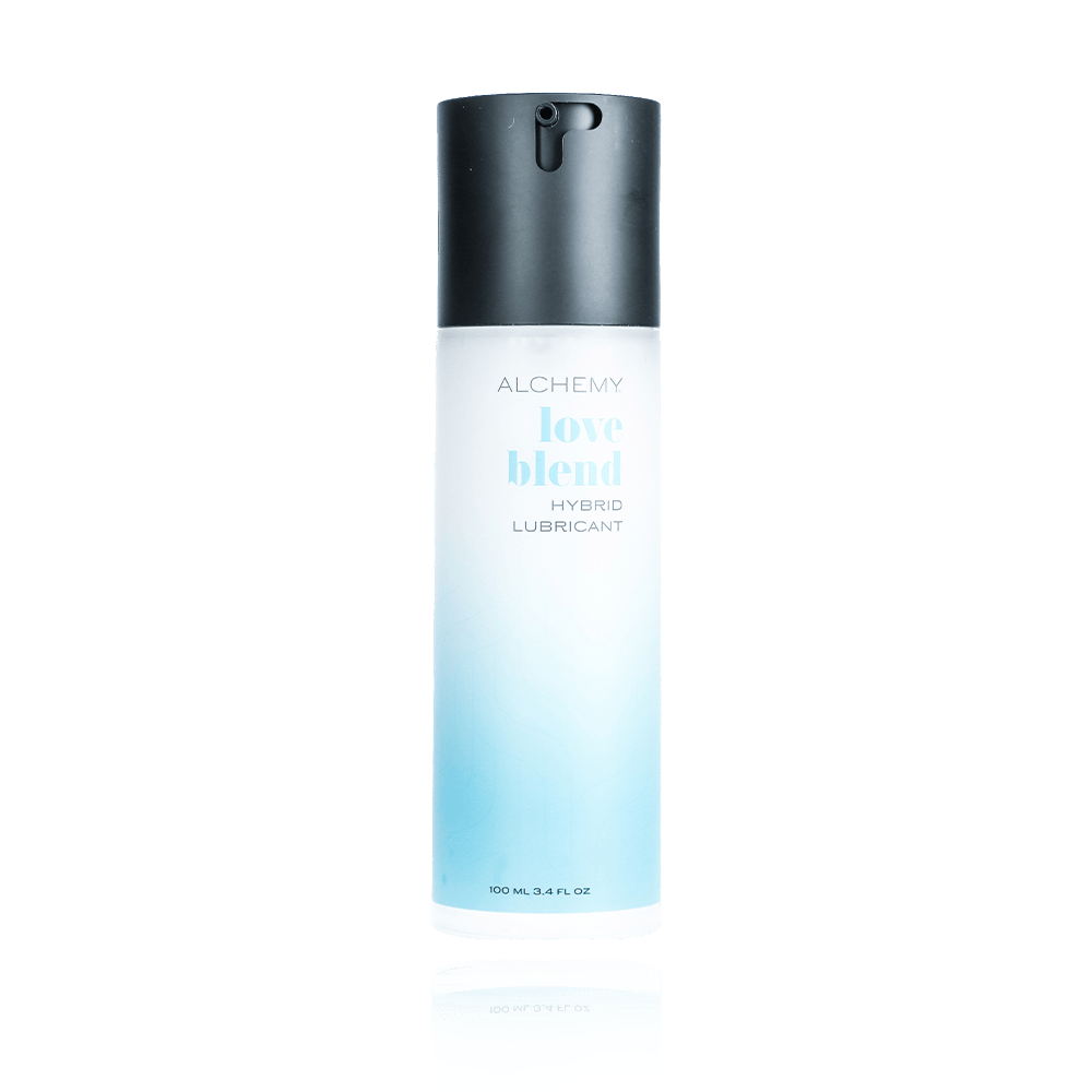 Alchemy Love Blend Hybrid Personal Lubricant on a white background with reflection