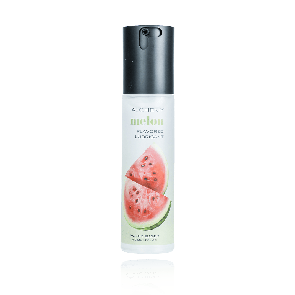 Alchemy Indulge – Watermelon Flavored Personal Lubricant on a white background with reflection