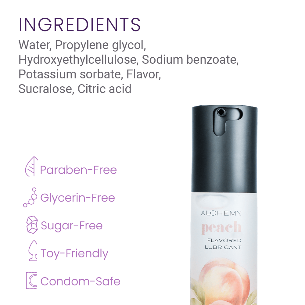 Alchemy Indulge – Peach Flavored Personal Lubricant ingredients and features