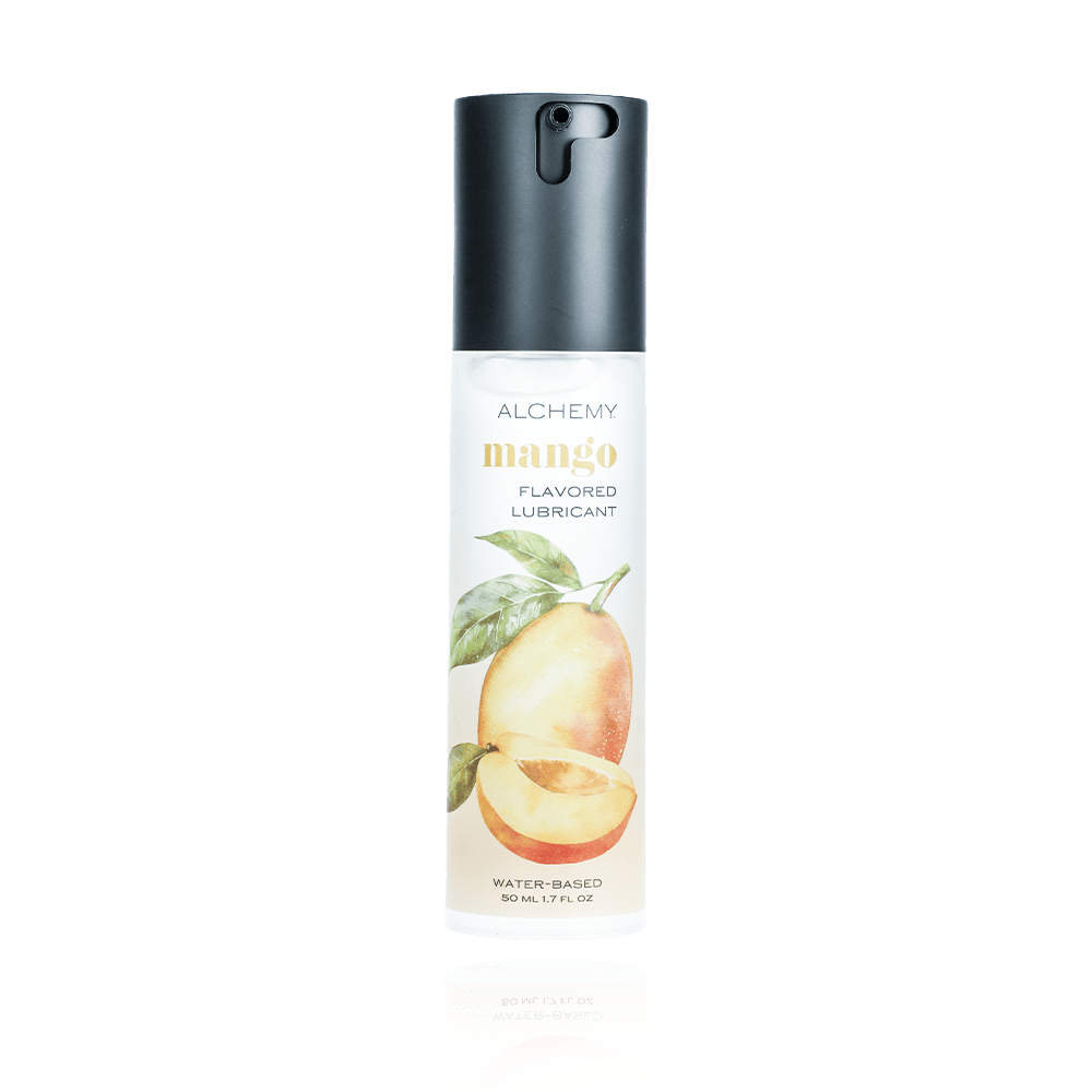 Alchemy Indulge – Mango Flavored Personal Lubricant on a white background with reflection
