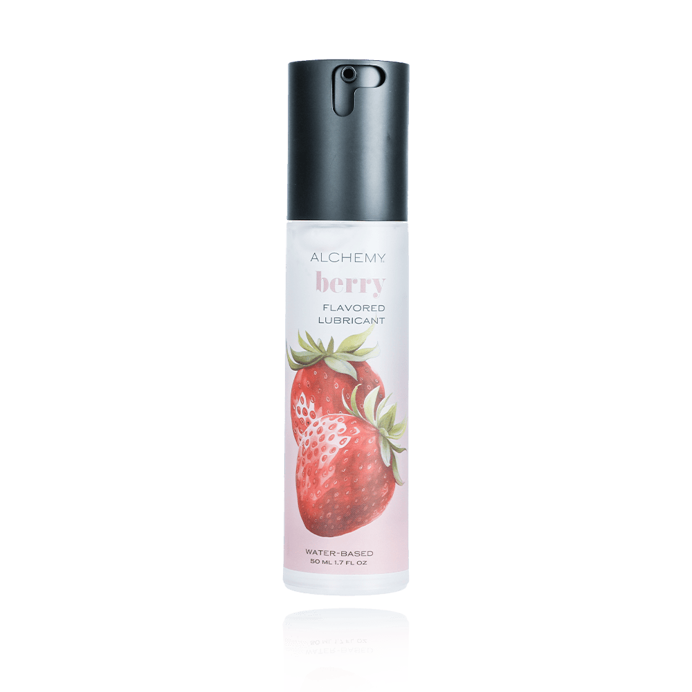 Alchemy Indulge – Strawberry Flavored Personal Lubricant on a white background with reflection