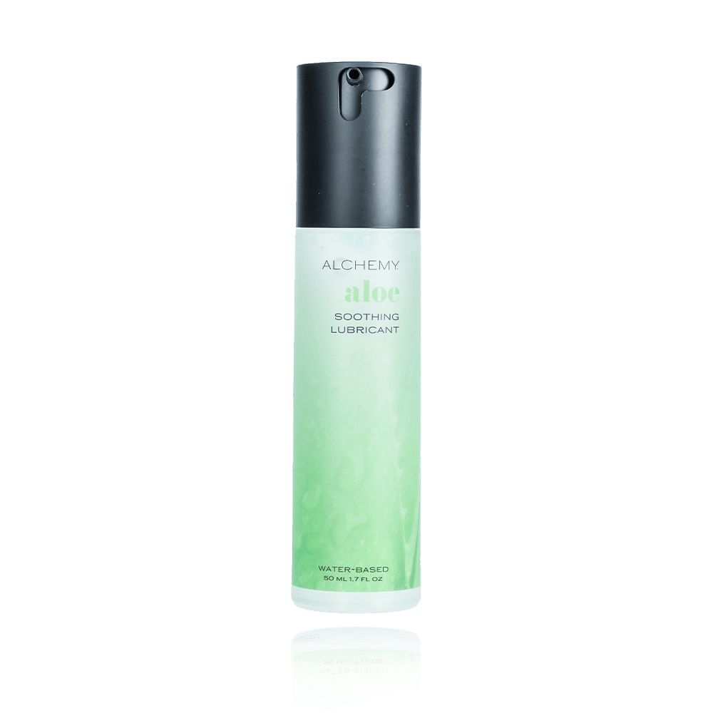 Alchemy Aloe Lubricant on a white background with reflection