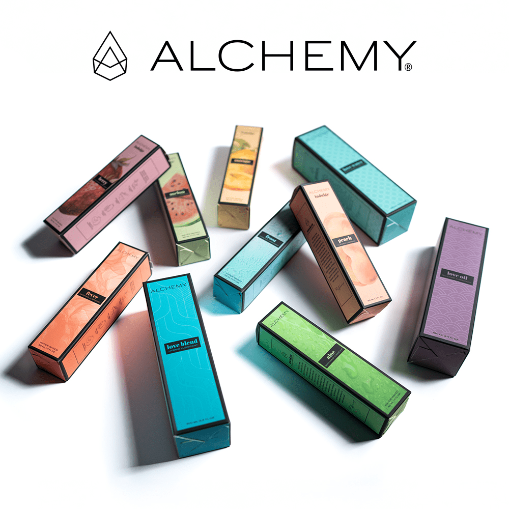 Alchemy Aloe Lubricant product collection boxes laying on a white background with the Alchemy logo at the top