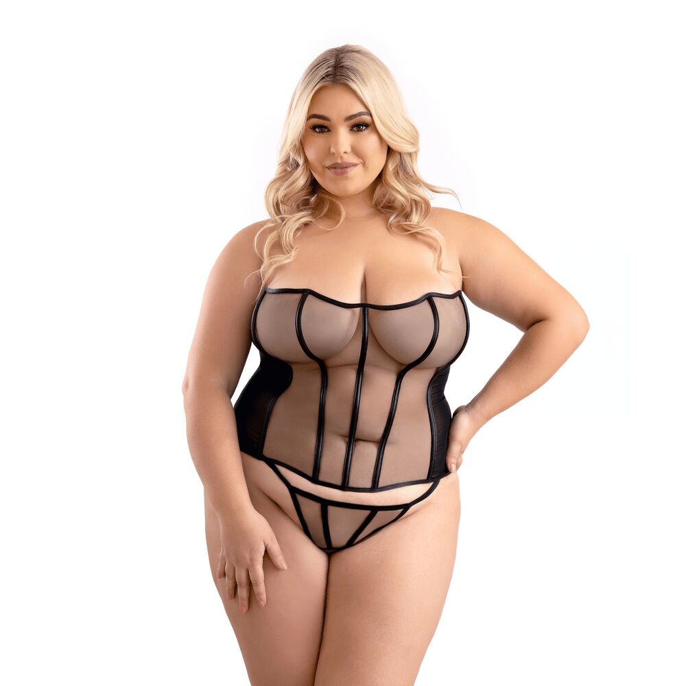 LEATHERETTE BINDING MESH CORSET - BLACK - 2X