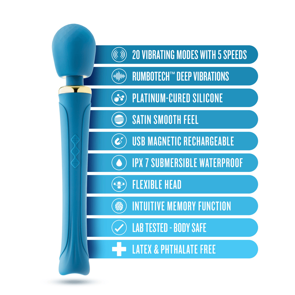 Blush Dianna teal wand massager with icons and key features
