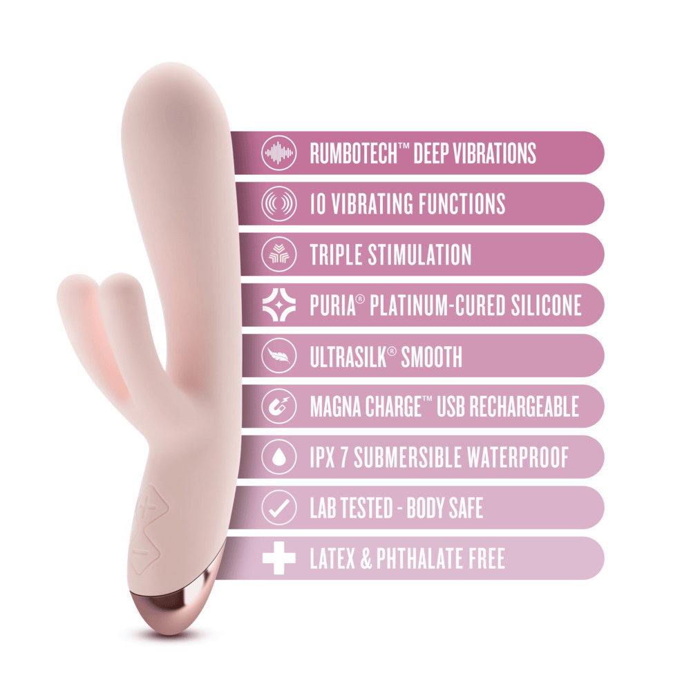 Blush Elora pink rabbit vibrator with icons and key features