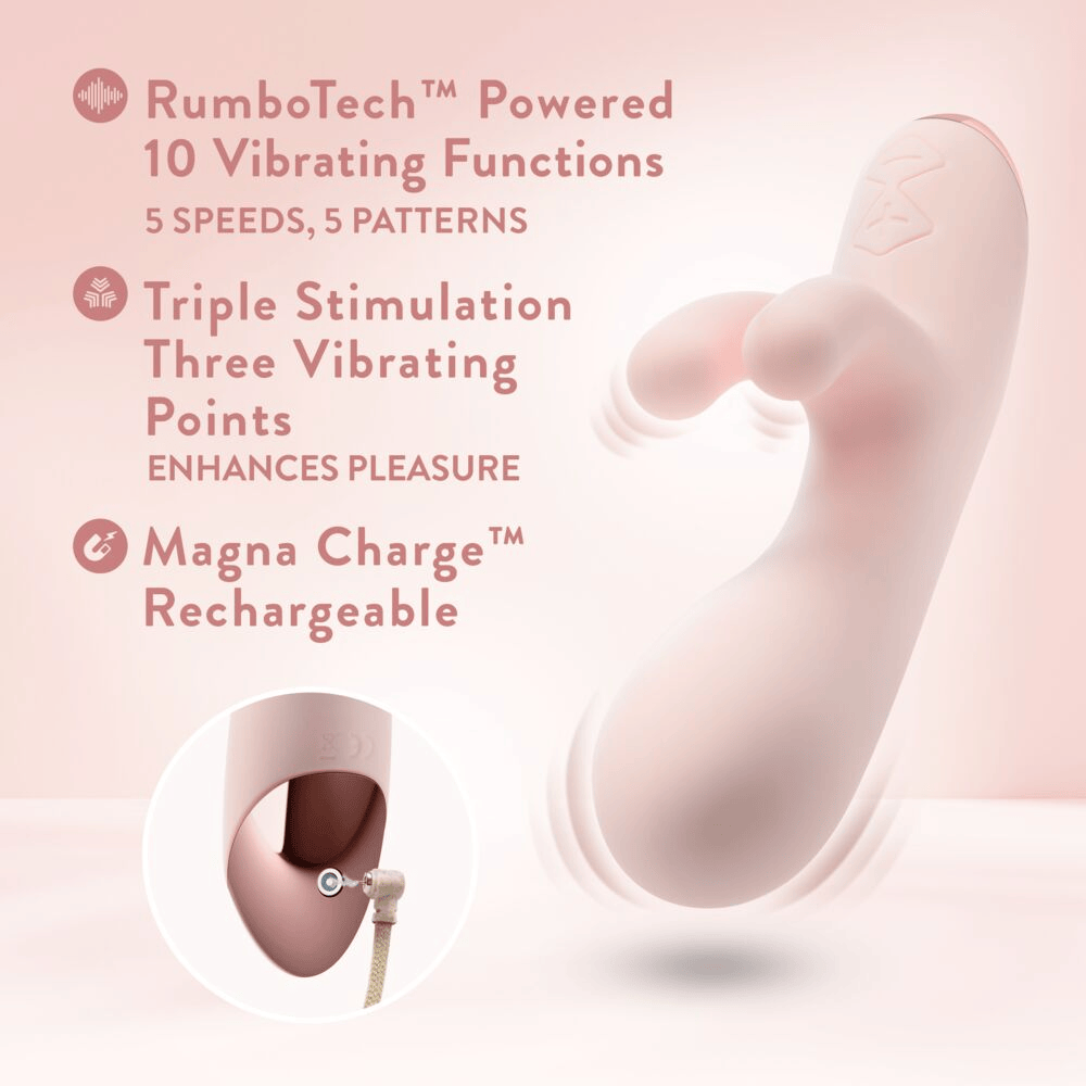 Blush Elora pink rabbit vibrator with power cord plugged in