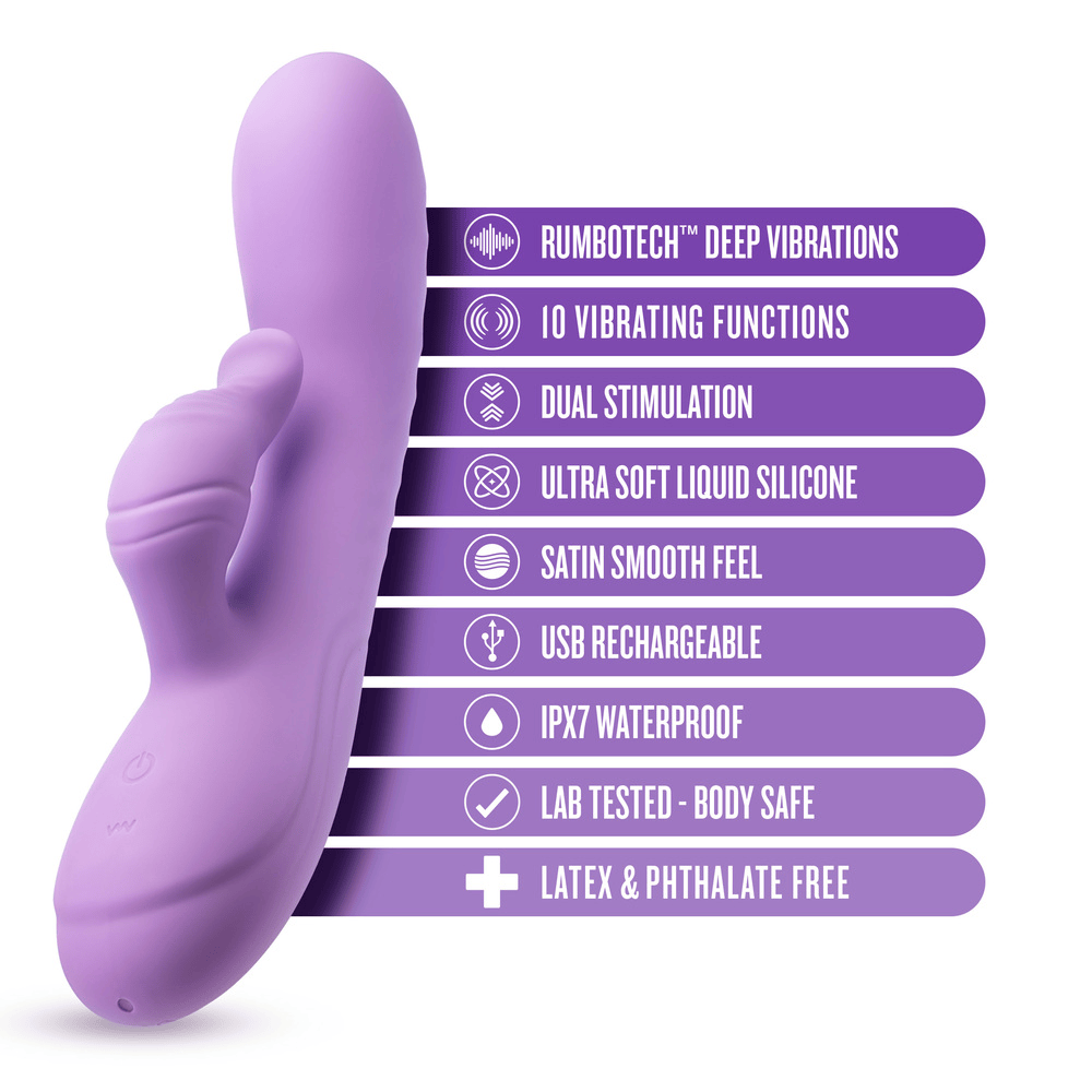 Blush Evelyn purple rabbit vibrator with icons and key features