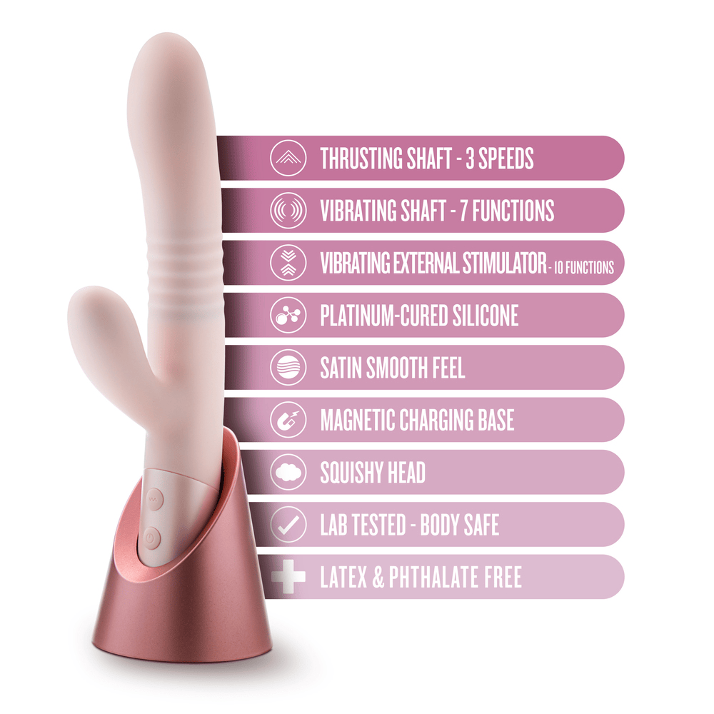 Blush Fraya pink rabbit vibrator with icons and key features