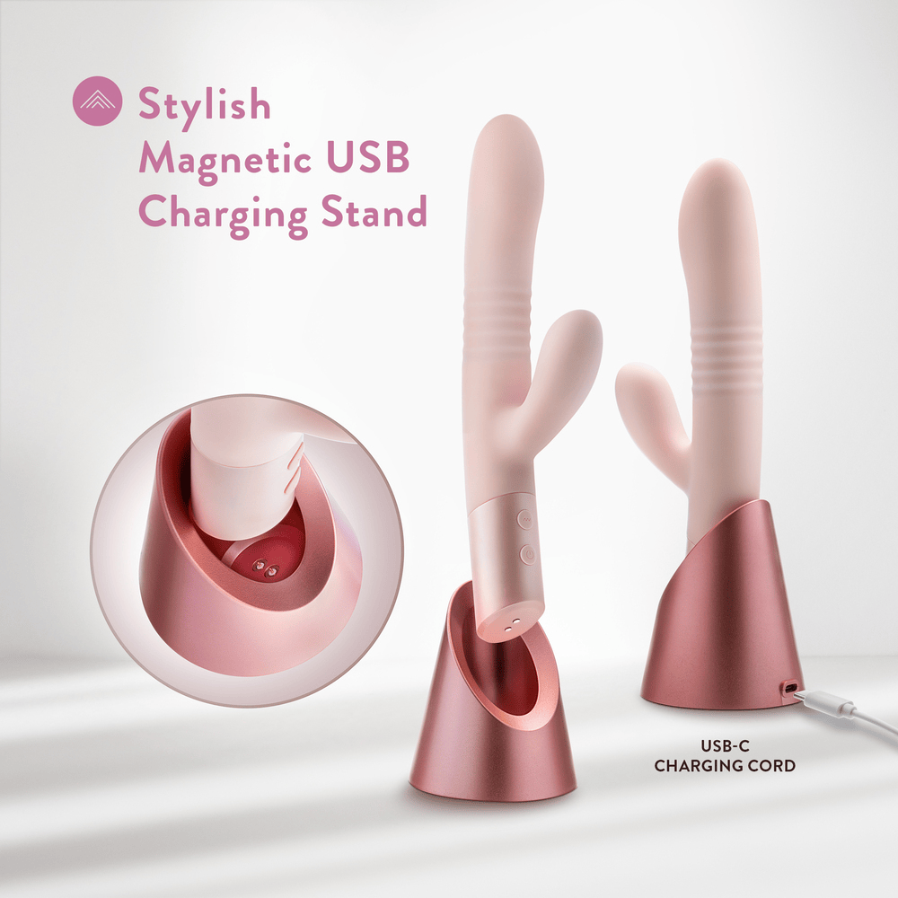 Blush Fraya pink rabbit vibrator with power cord plugged in