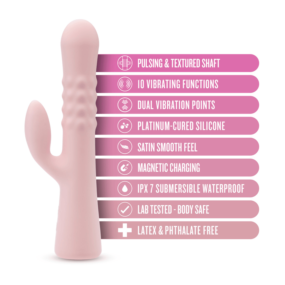Blush Jaymie pink rabbit vibrator with icons and key features