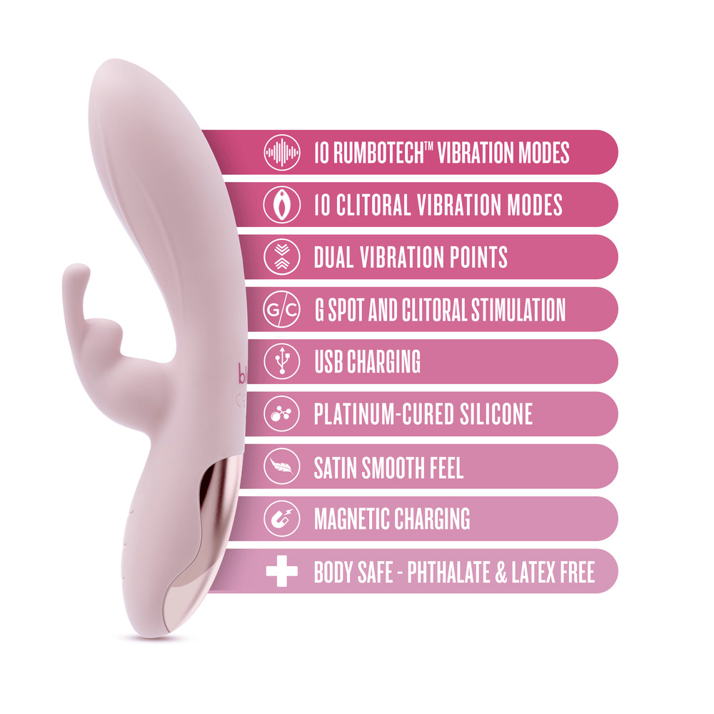 Blush Morgan pink rabbit vibrator with icons and key features