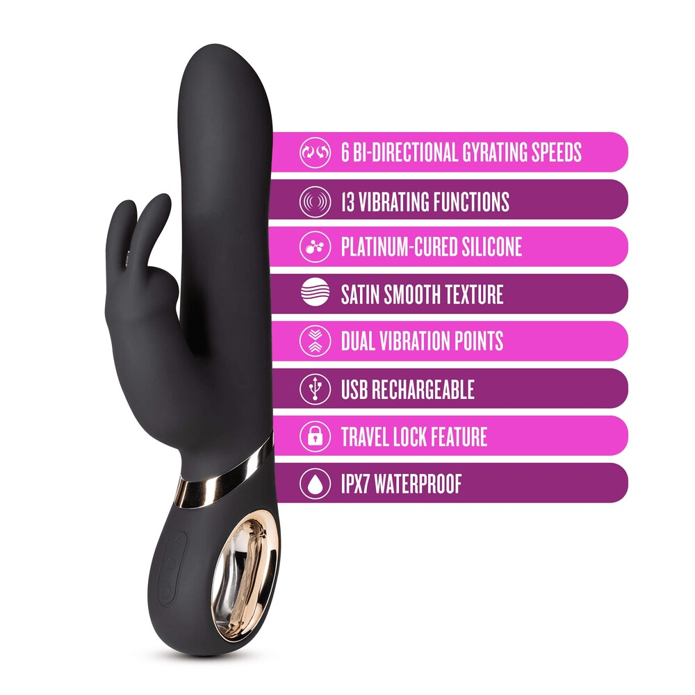 Blush Victoria black rabbit vibrator with icons and key features