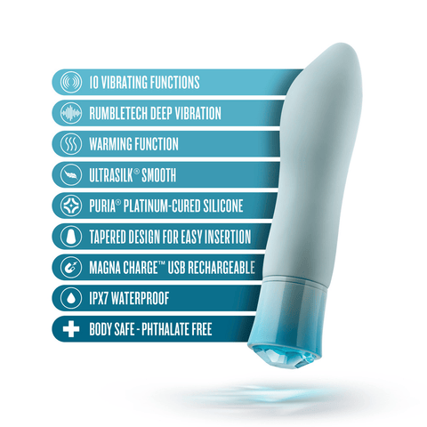 Blush Oh My Gem Ardor aquamarine bullet vibrator with icons and key features