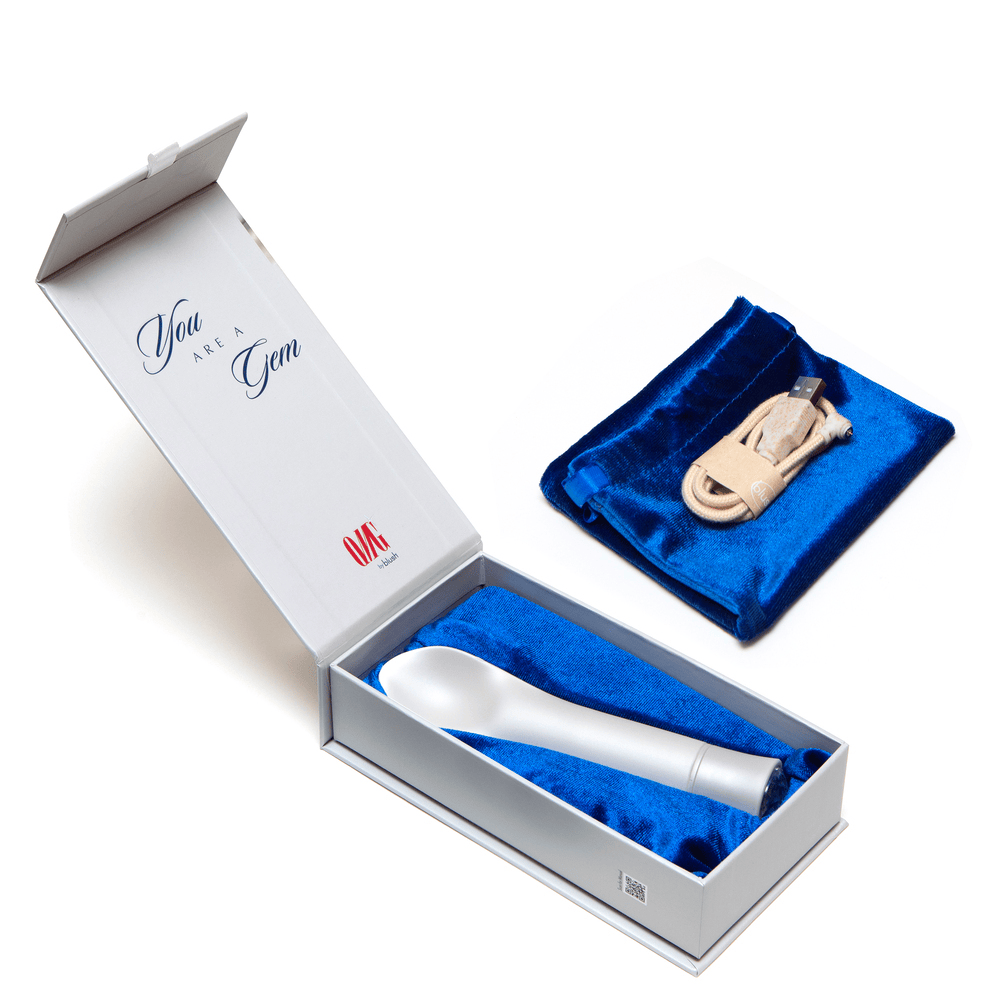 Blush Oh My Gem Bold Diamond bullet vibrator with open box and included accessories
