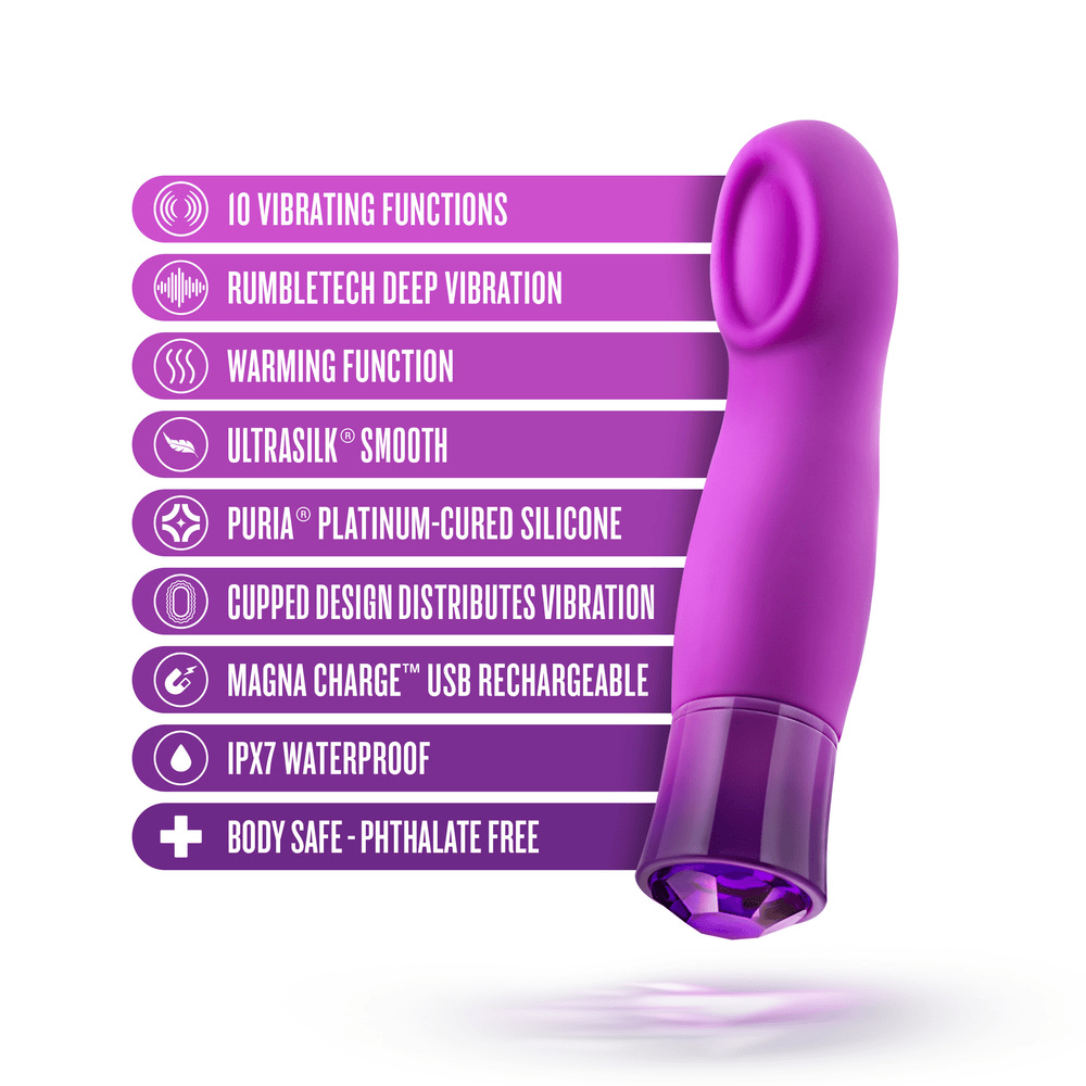 Blush Oh My Gem Charm Amethyst bullet vibrator with icons and key features
