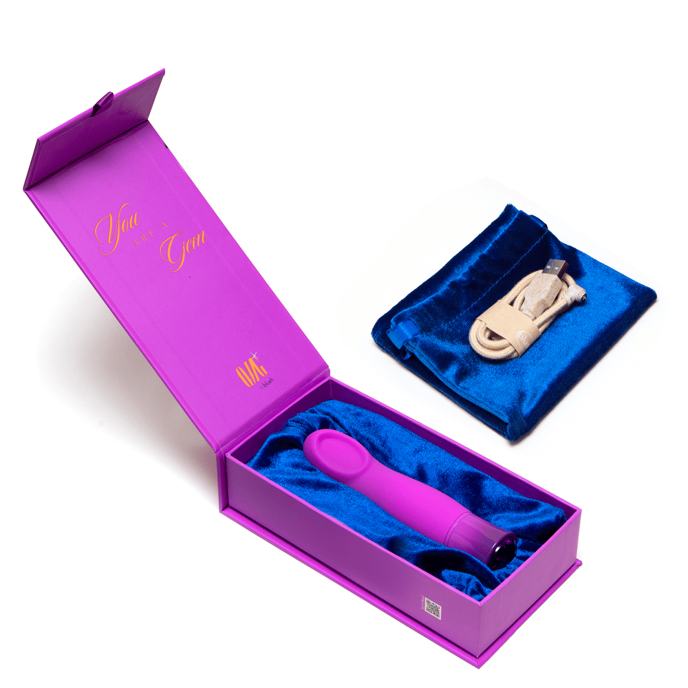 Blush Oh My Gem Charm Amethyst bullet vibrator with open box and included accessories
