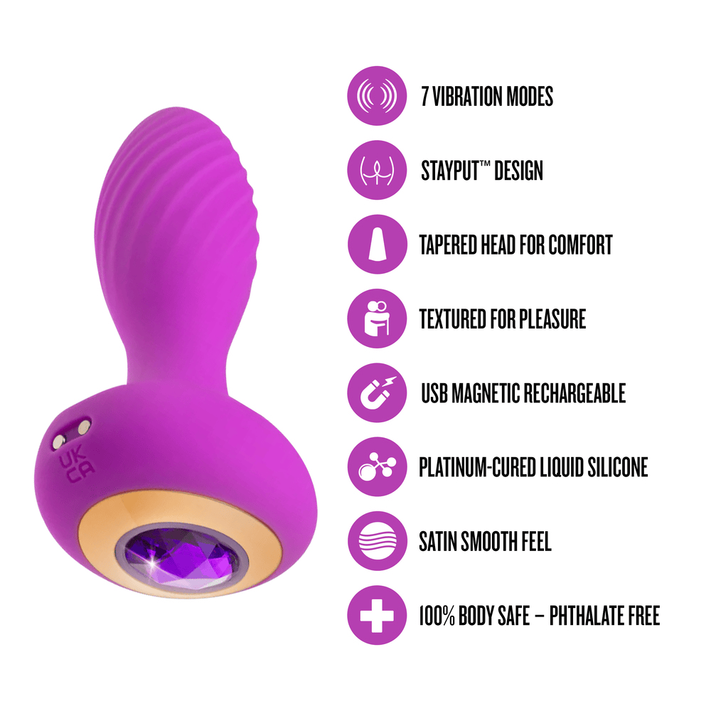 Blush Oh My Gem Charm Plug Amethyst butt plug with icons and key features