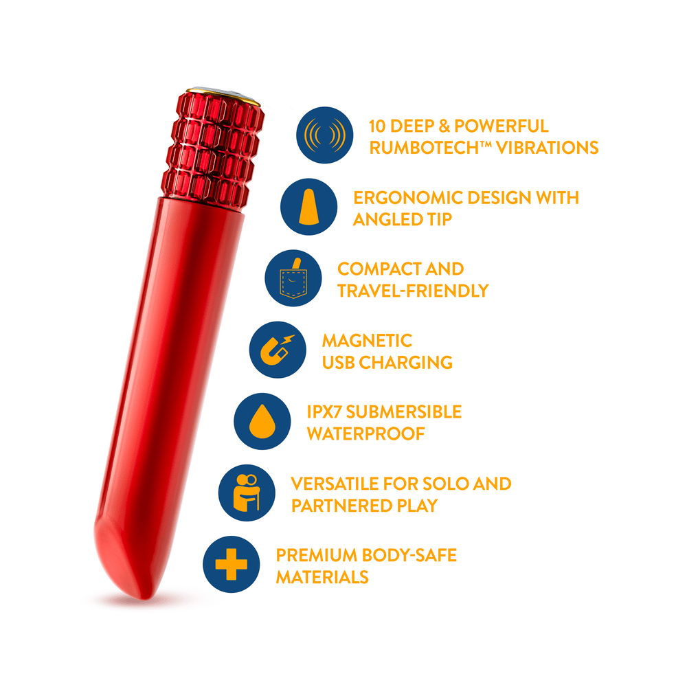 Blush Oh My Gem Desire Vibe Ruby bullet vibrator with icons and key features